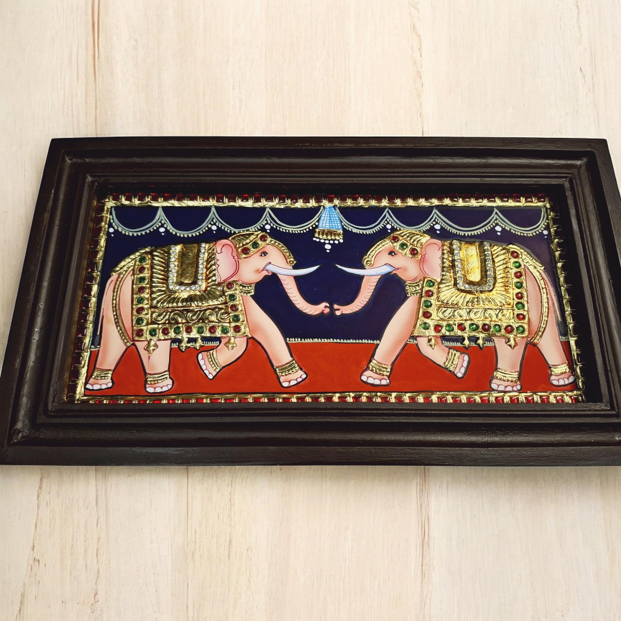 Jline Arts Elephant Tanjore Painting, 22 Carat Gold Foils With Wall Hanging (35 Cm X 19 Cm) With Teakwood Frame